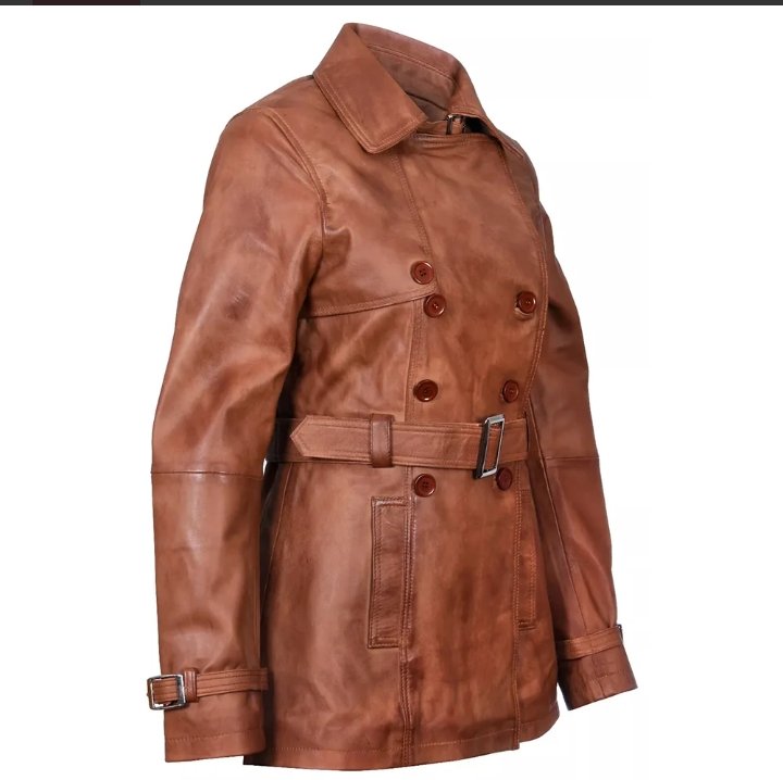 women's brown double breasted mid length leather trench coat