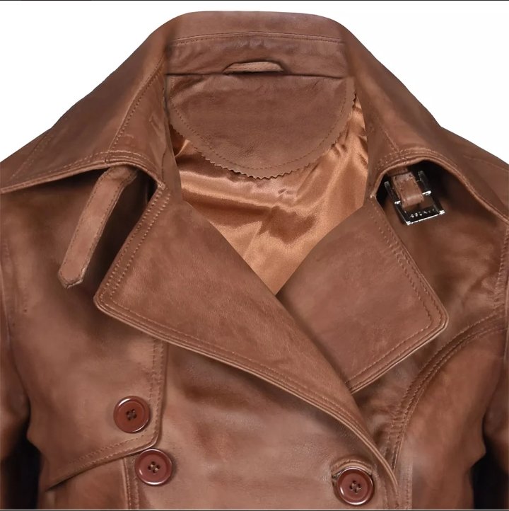 women's brown double breasted mid length leather trench coat