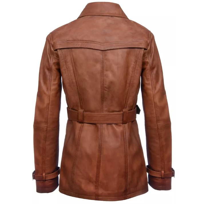 women's brown double breasted mid length leather trench coat