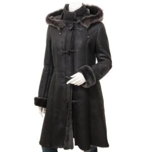 women's black sheepskin duffle coat with detachable hood