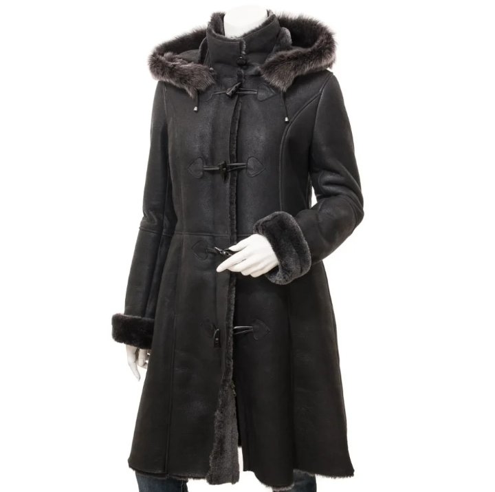 women's black sheepskin duffle coat with detachable hood