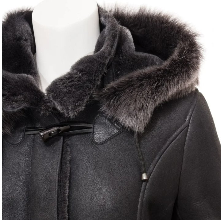 women's black sheepskin duffle coat with detachable hood