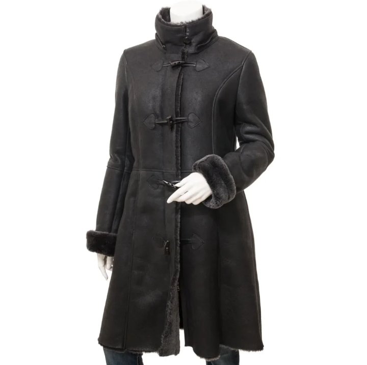 women's black sheepskin duffle coat with detachable hood