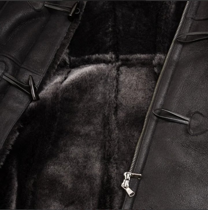 women's black sheepskin duffle coat with detachable hood