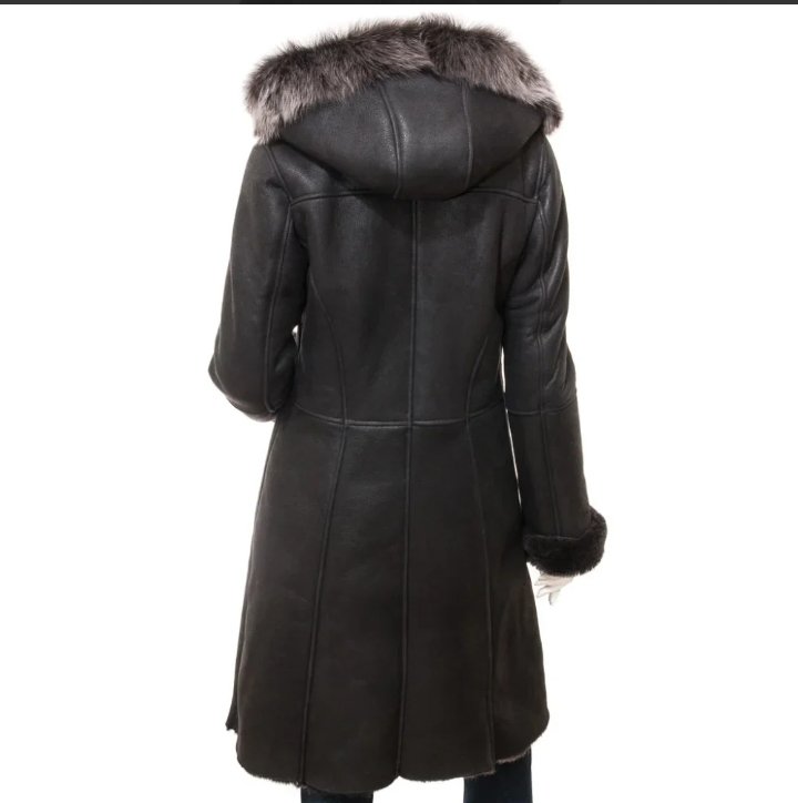women's black sheepskin duffle coat with detachable hood