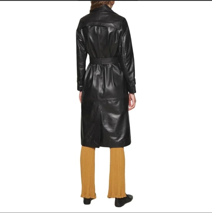 newyork women's black soft lambskin single breasted belted trench coat