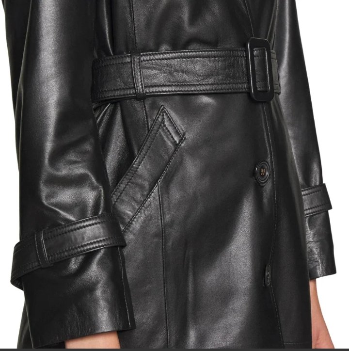 newyork women's black soft lambskin single breasted belted trench coat