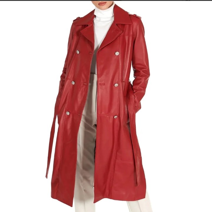 womens double breasted red long leather coat