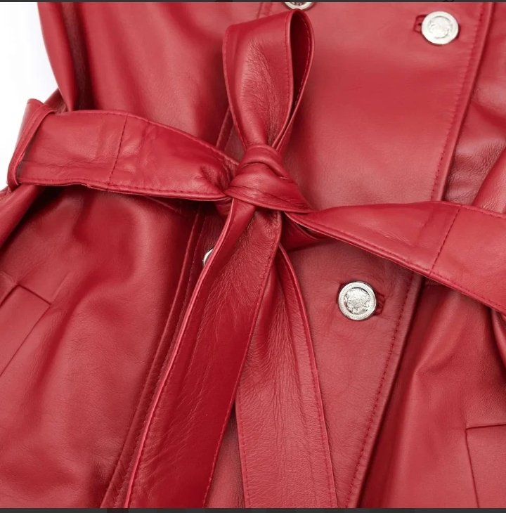 womens double breasted red long leather coat