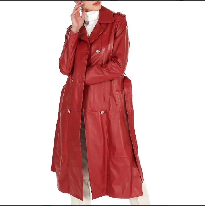 womens double breasted red long leather coat