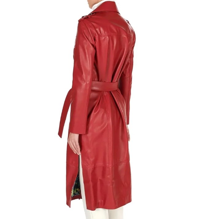 womens double breasted red long leather coat