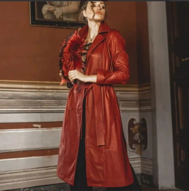 womens double breasted red long leather coat