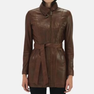 women's 3/4 length belted leather brown trench coat