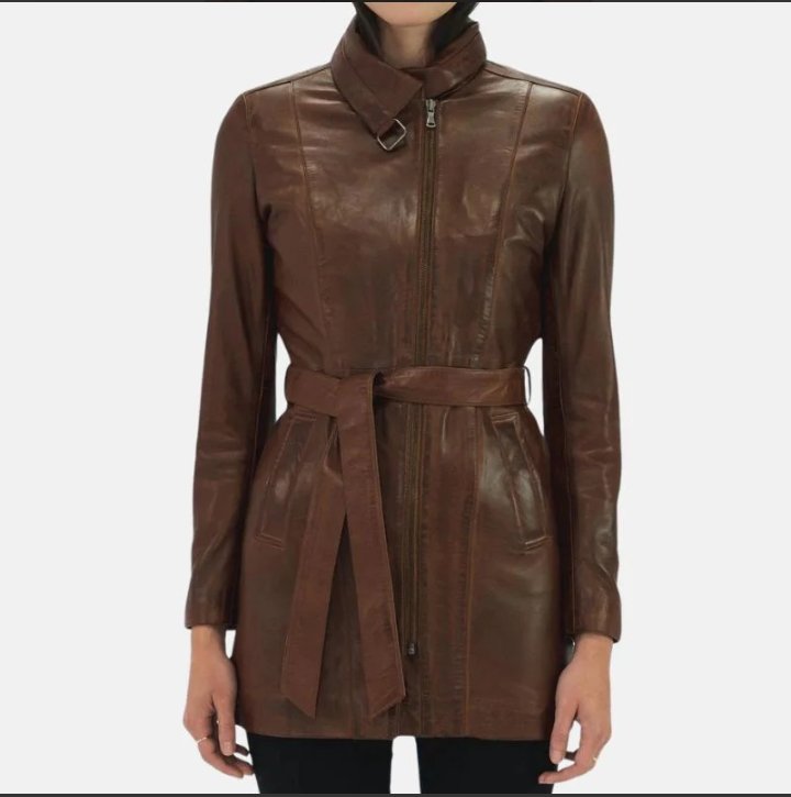 women's 3/4 length belted leather brown trench coat