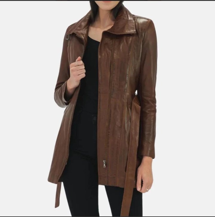women's 3/4 length belted leather brown trench coat