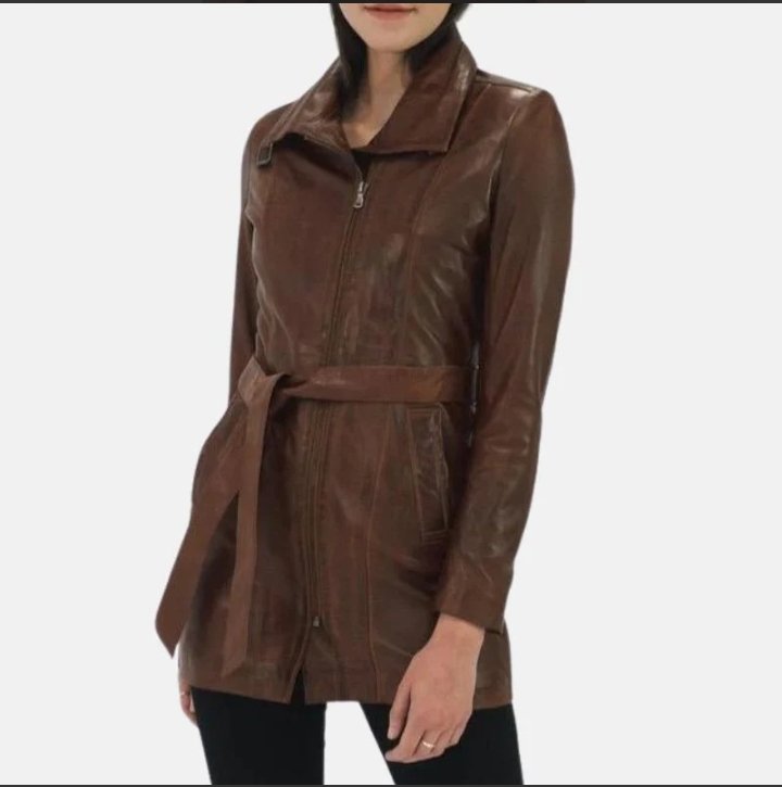 women's 3/4 length belted leather brown trench coat