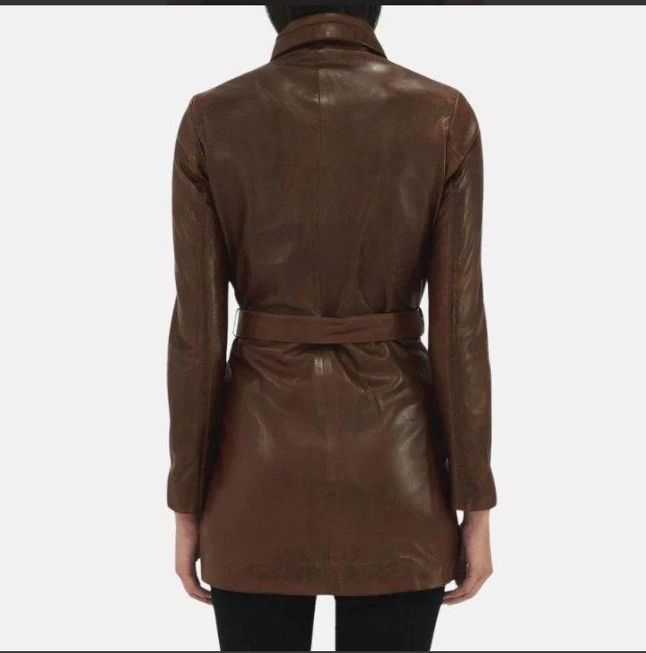 women's 3/4 length belted leather brown trench coat
