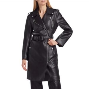 womens slim fit black leather coat with belt