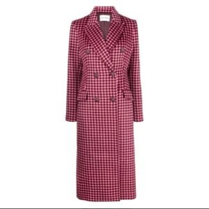 womens pink plaid wool long coat