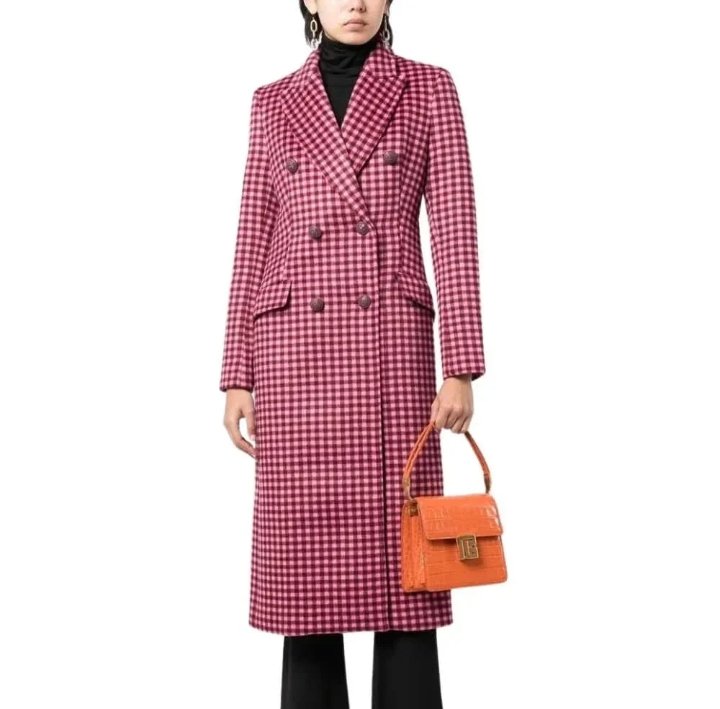 womens pink plaid wool long coat