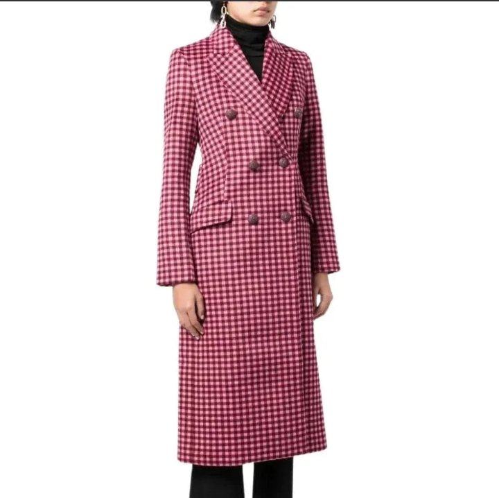 womens pink plaid wool long coat
