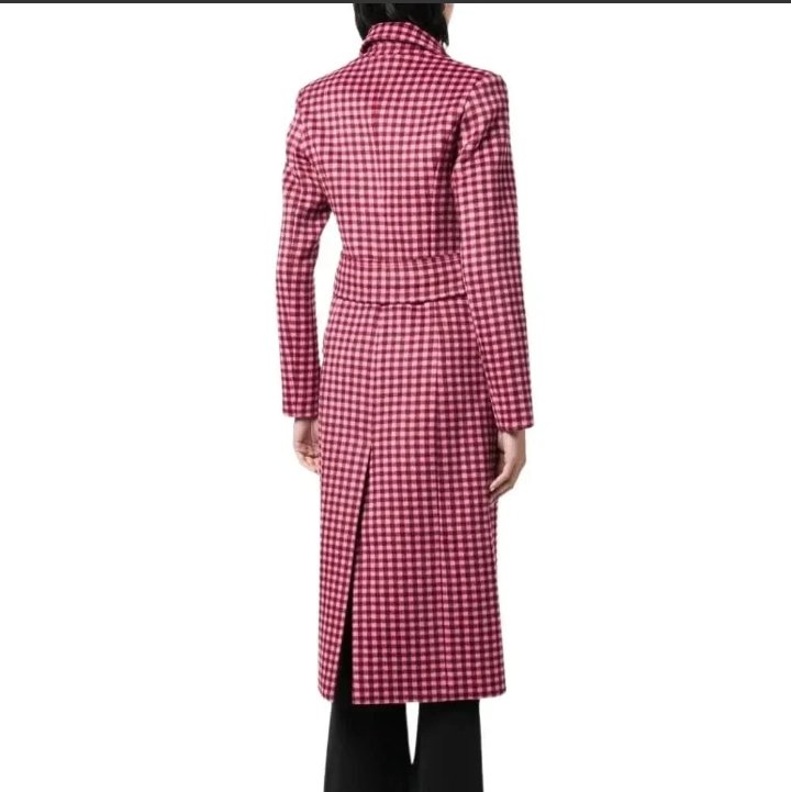 womens pink plaid wool long coat