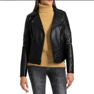 black quilted leather biker jacket women