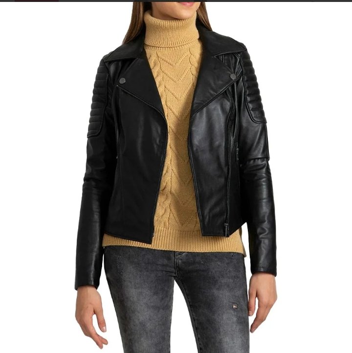 black quilted leather biker jacket women