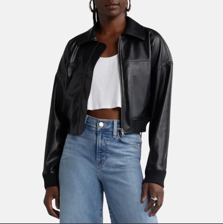 black leather cropped bomber jacket womens