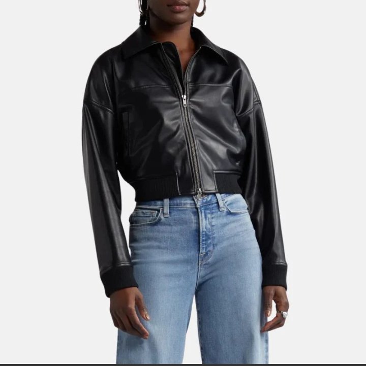 black leather cropped bomber jacket womens