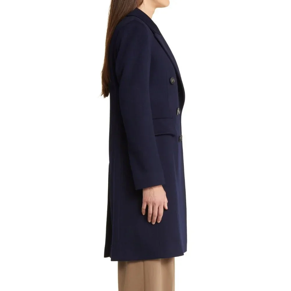 women's classic dark blue double breasted wool trench coat