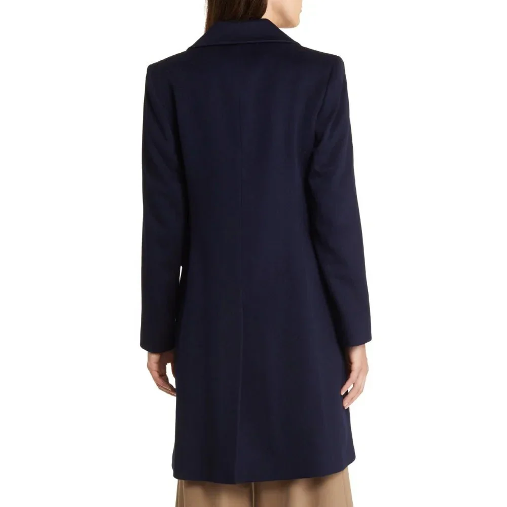 women's classic dark blue double breasted wool trench coat