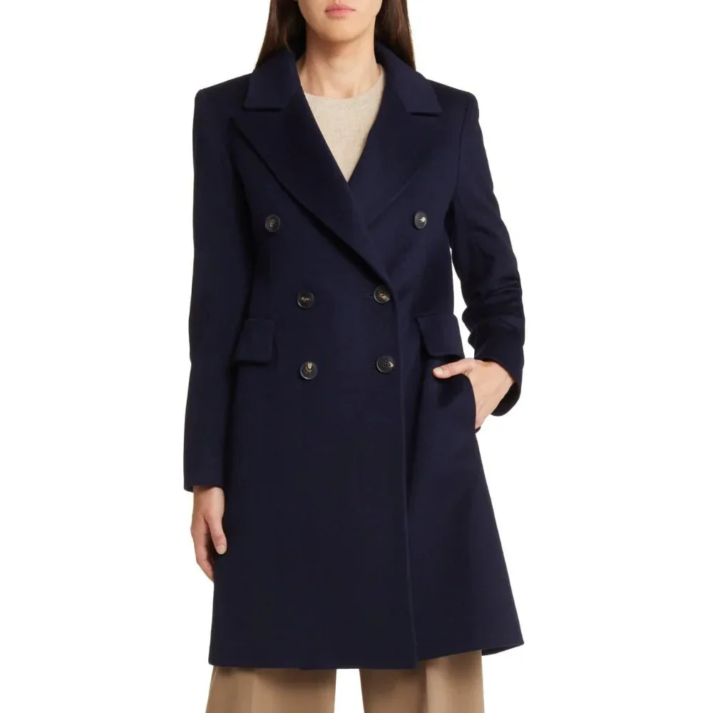 women's classic dark blue double breasted wool trench coat