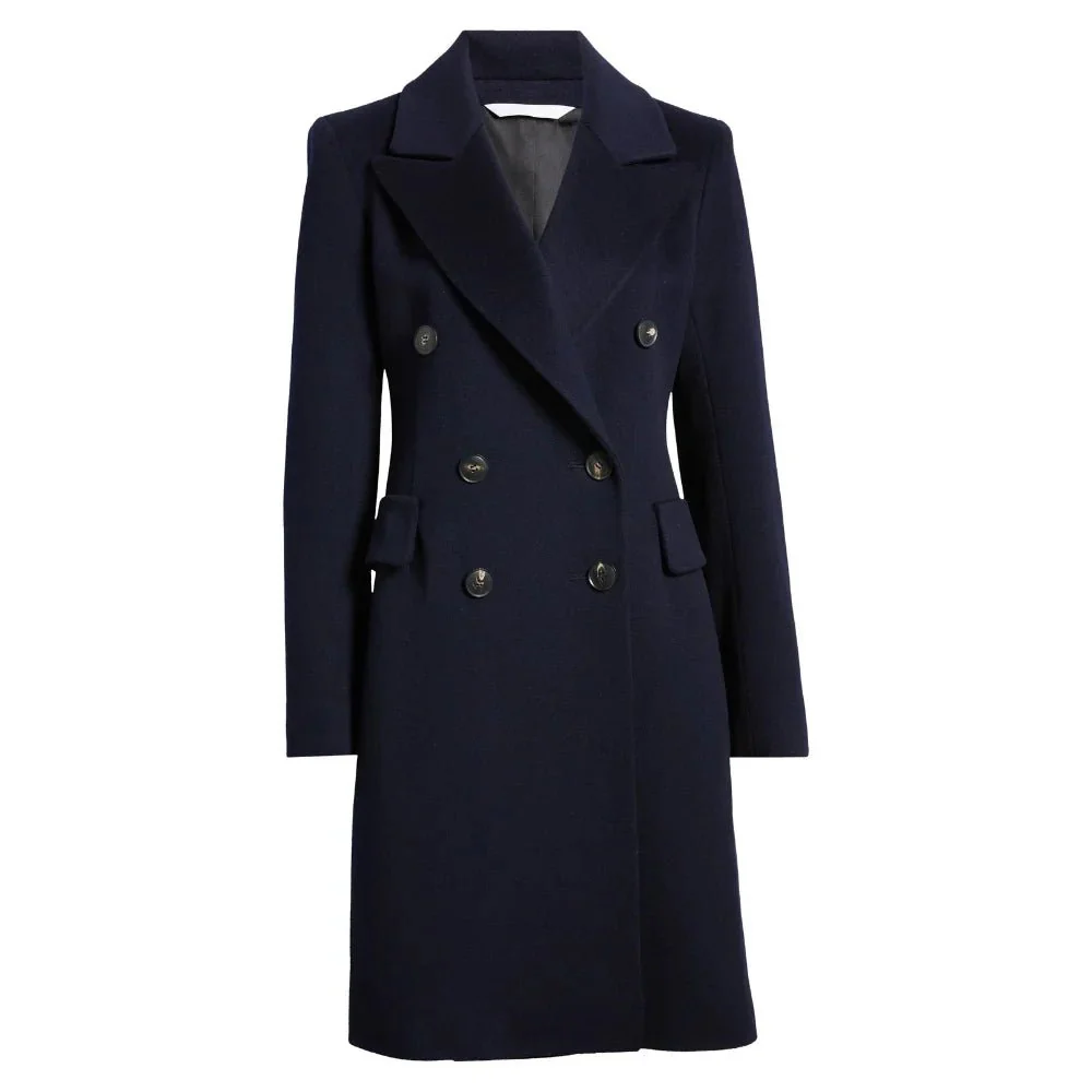 women's classic dark blue double breasted wool trench coat