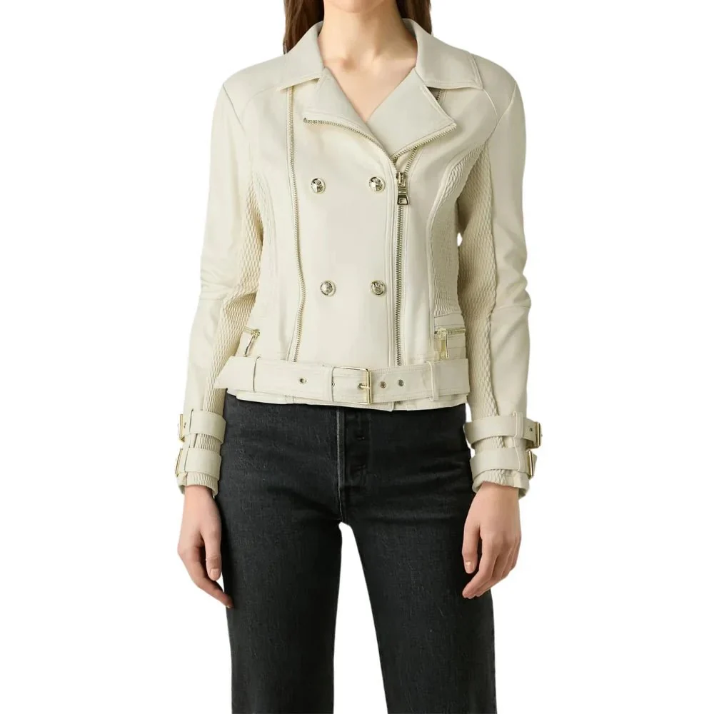 women's double breasted dove white leather biker jacket
