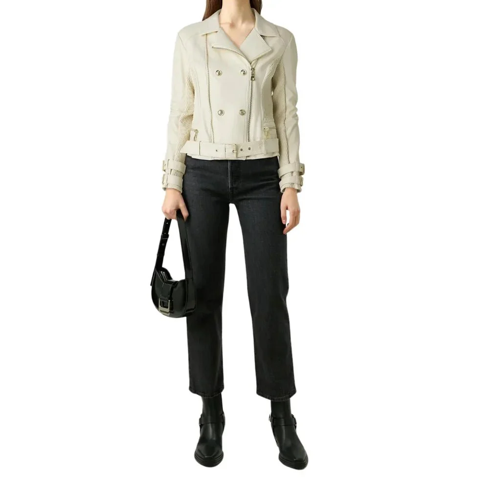 women's double breasted dove white leather biker jacket