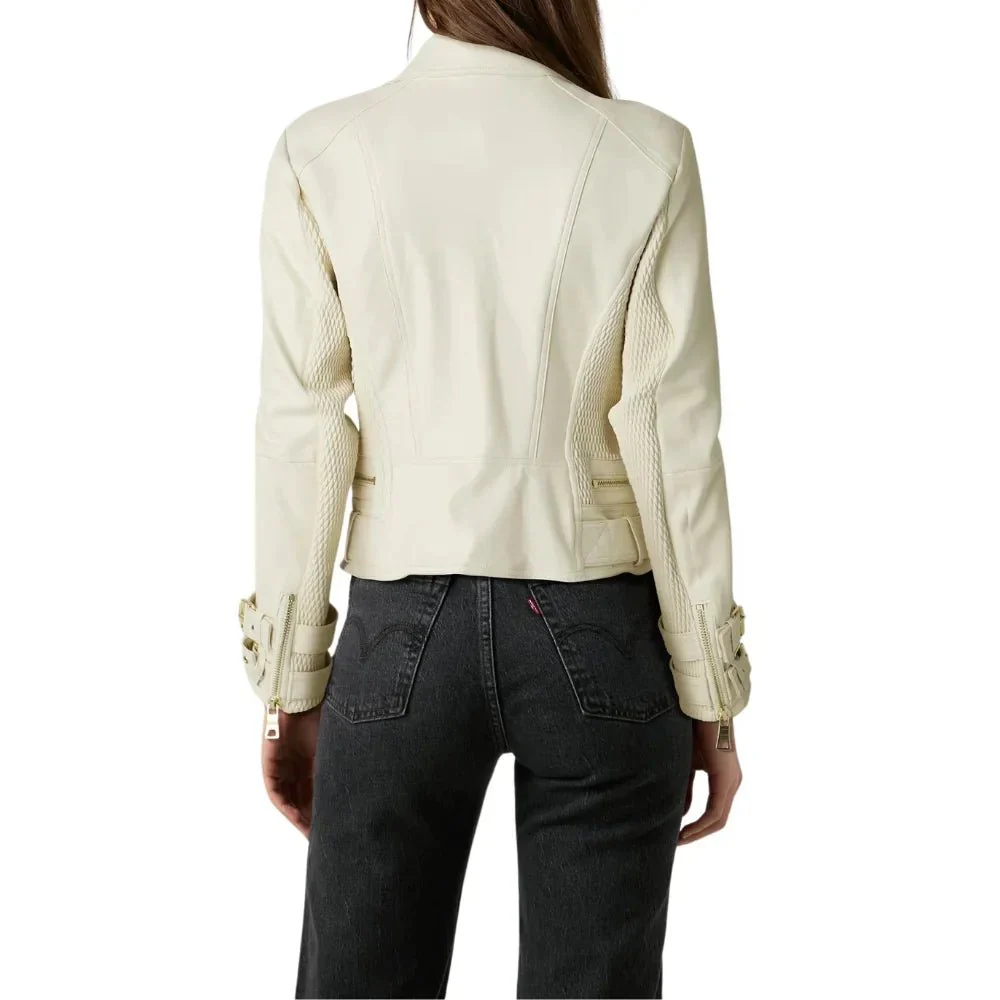 women's double breasted dove white leather biker jacket