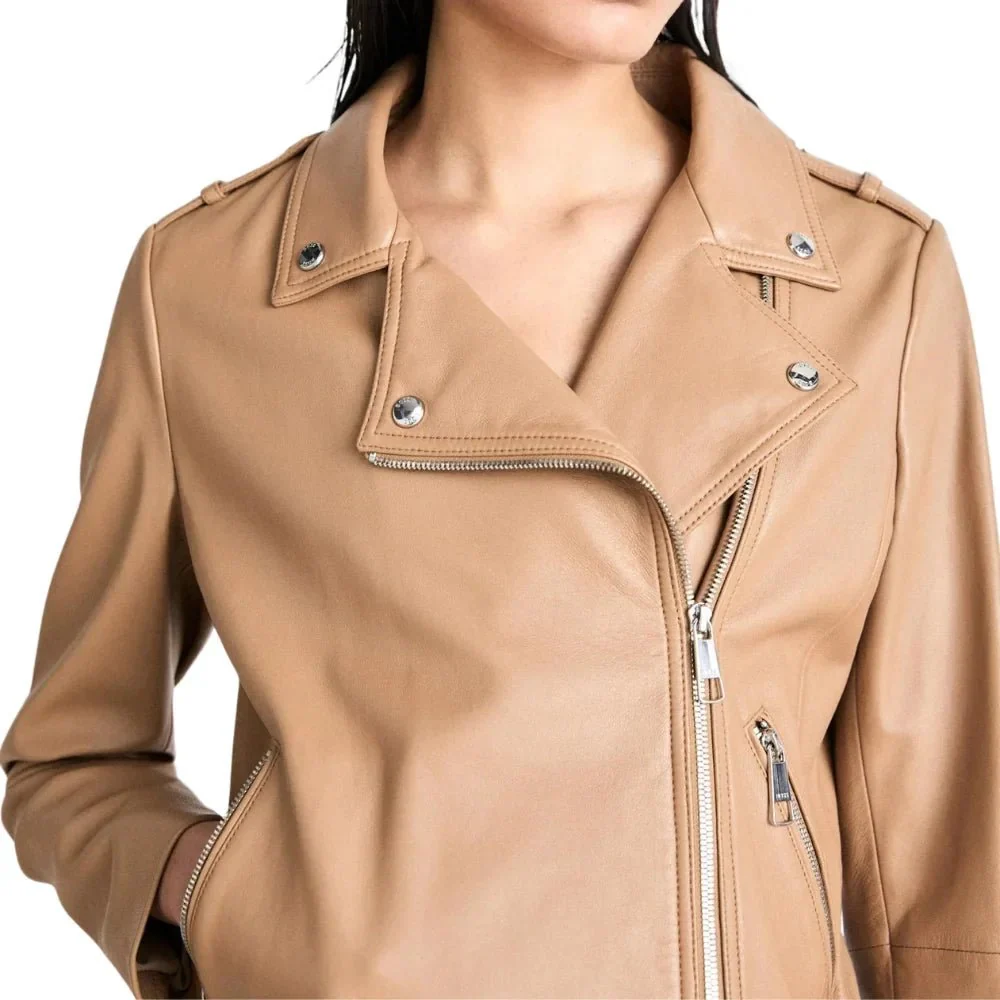 women's light pastel brown leather biker jacket