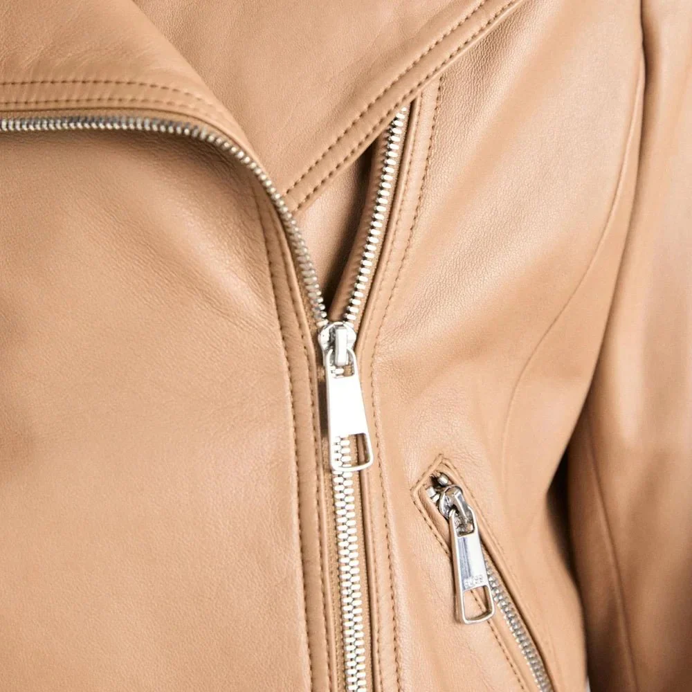 women's light pastel brown leather biker jacket