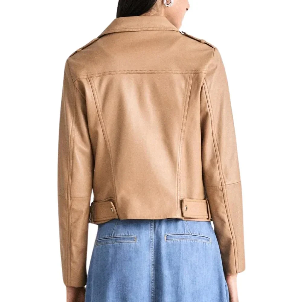 women's light pastel brown leather biker jacket