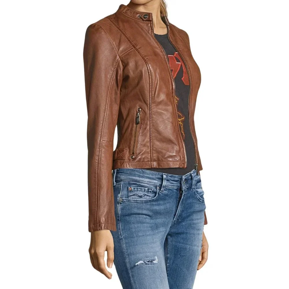 women's stand up collar cognac brown leather jacket