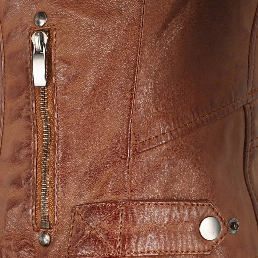 women's stand up collar cognac brown leather jacket