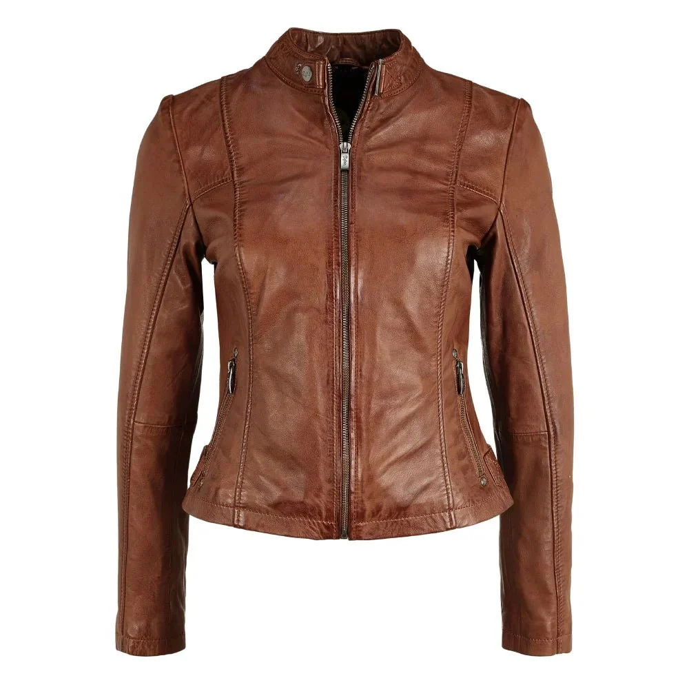 women's stand up collar cognac brown leather jacket