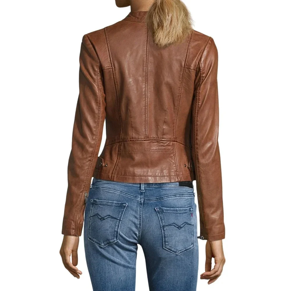 women's stand up collar cognac brown leather jacket