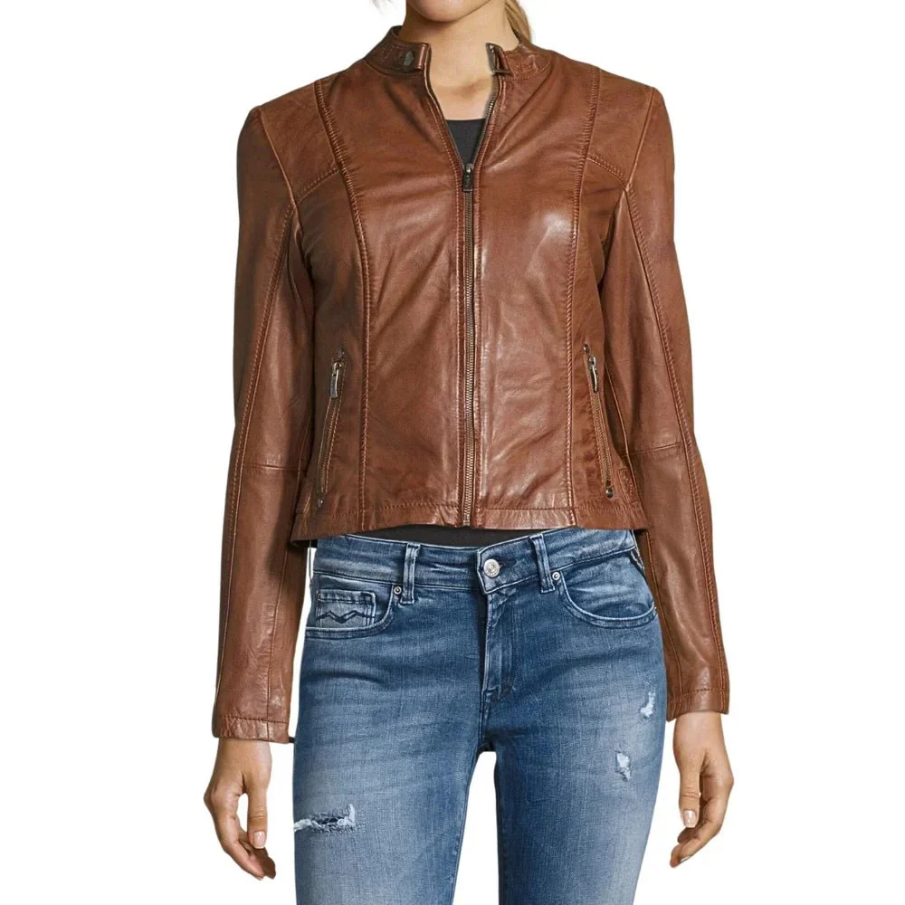 women's stand up collar cognac brown leather jacket