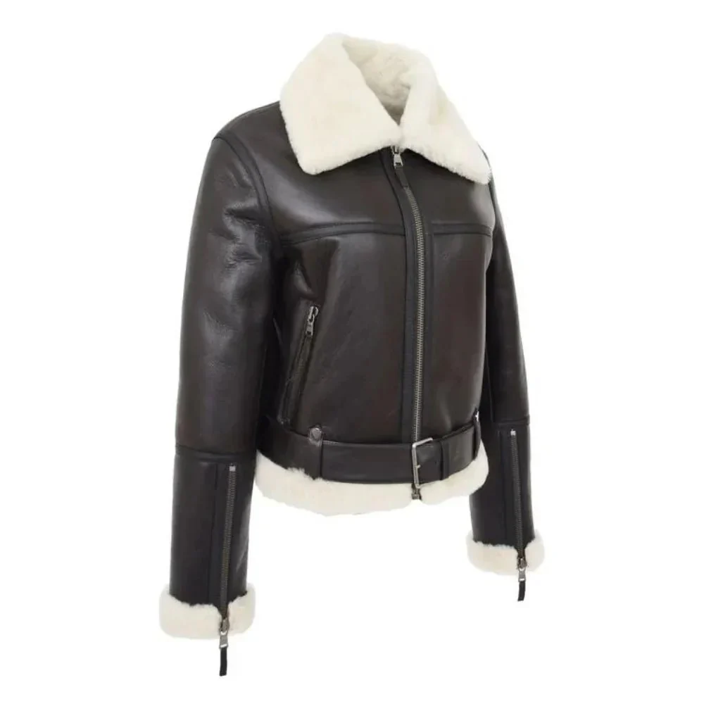 womens sheepskin b3 belted black leather shearling jacket aviator
