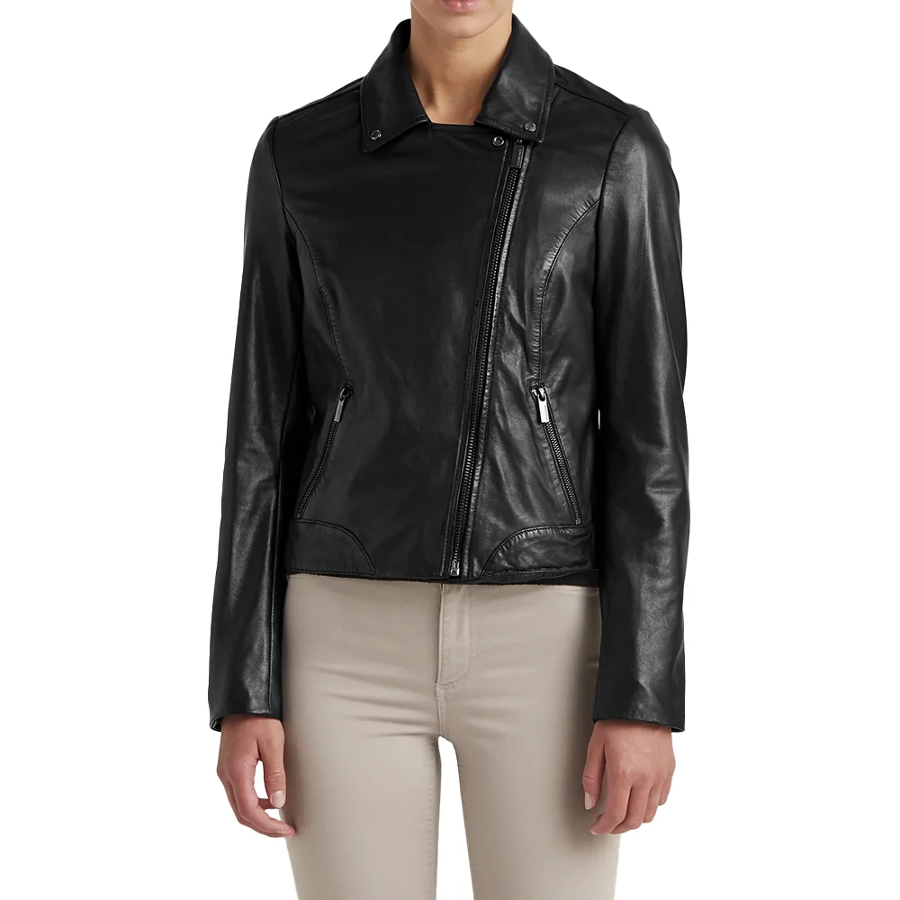 ladies black leather moto jacket