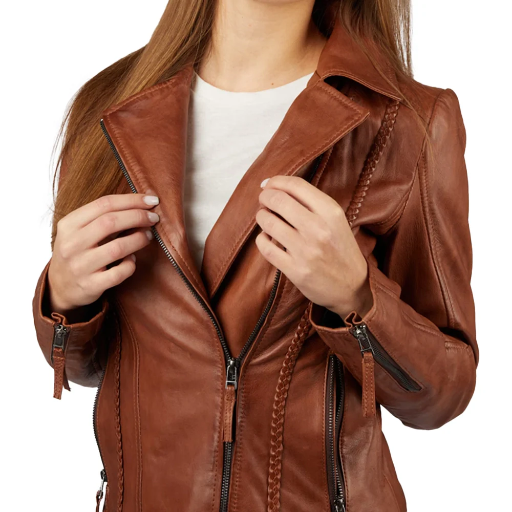 women asymmetrical cognac motorcycle leather jacket