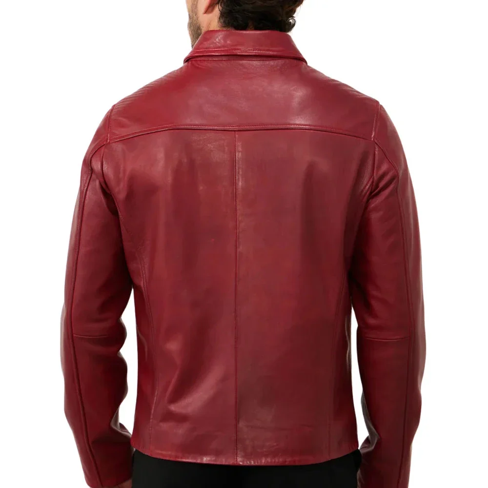 men's red shirt collar leather biker jacket