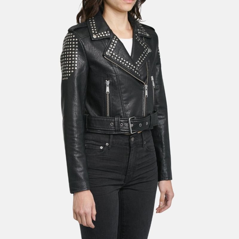 women punk style black studded leather jacket